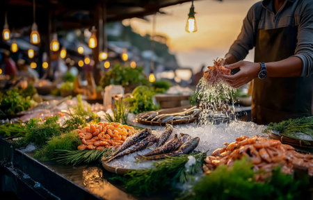 A vendor prepares fresh seafood at a market, showcasing shrimp and fish on iceの素材