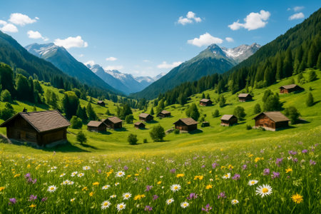 A picturesque valley featuring wooden cabins amidst lush greenery and blooming wildflowersの素材