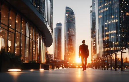 A businessman walks confidently towards the sunset amidst modern skyscrapers in a cityscapeの素材