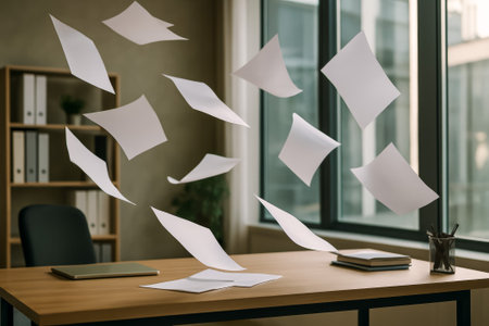 Sheets of paper are flying in an office, illustrating chaos and disorganization in a workspaceの素材