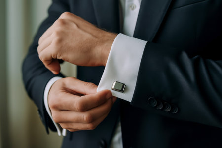 A man in a suit adjusting cufflinks on a formal shirt, preparing for an eventの素材