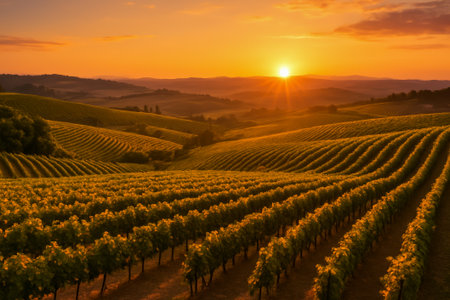A stunning sunset illuminating a tranquil vineyard landscape with lush green rows of vinesの素材