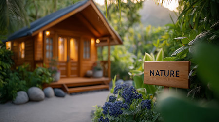 A charming wooden cabin with a nature sign surrounded by vibrant greenery and flowersの素材