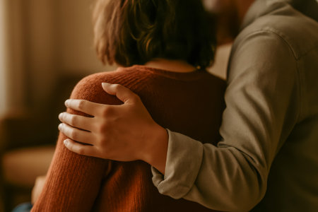 A couple shares a tender embrace, conveying warmth and love in a cozy spaceの素材
