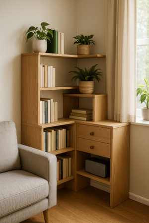 A cozy corner featuring wooden shelves, books, and indoor plants in a serene settingの素材