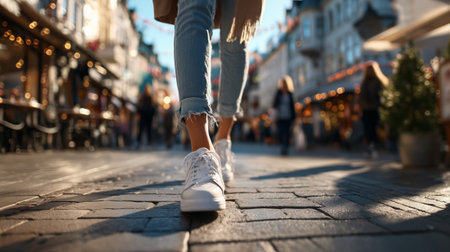 A person in stylish sneakers walking along a lively street filled with shops and lightsの素材