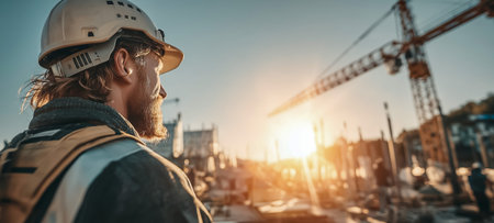 A construction worker in safety gear watches the sunset at a busy building siteの素材