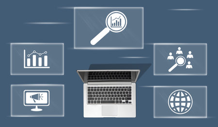 Top view of laptop with symbol of market research conceptの写真素材