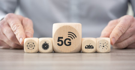 Wooden blocks with symbol of 5g conceptの写真素材