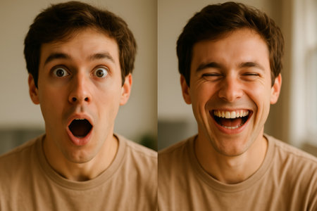 A young man expressing surprise and happiness with his facial expressionsの素材