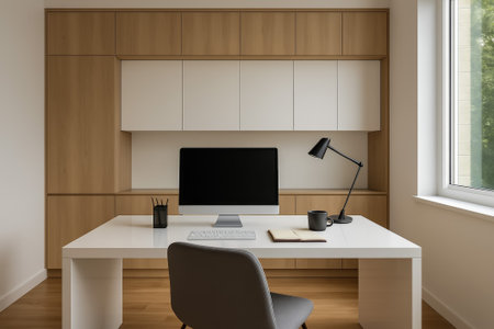 A stylish modern home office featuring a sleek desk and minimal decor elementsの素材