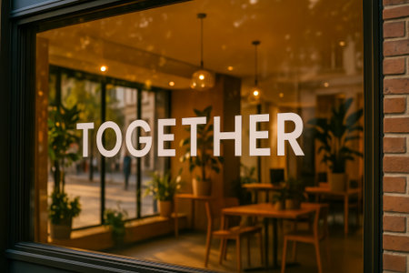 A warm and inviting cafe window showing the word together amidst indoor plantsの素材