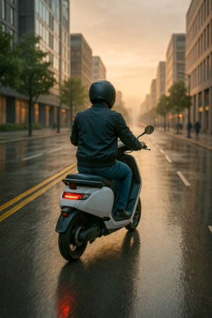 A lone rider on a scooter navigates a glistening urban street during sunsetの素材