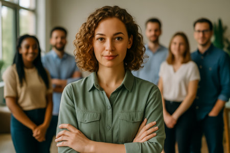 A confident young woman stands with her arms crossed, surrounded by colleagues in an office settingの素材