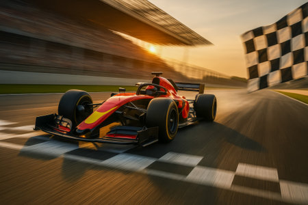 A race car accelerates past the finish line during a stunning sunset at the trackの素材