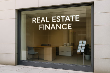 A clear office window showing the real estate finance business with modern furnishings visible insideの素材