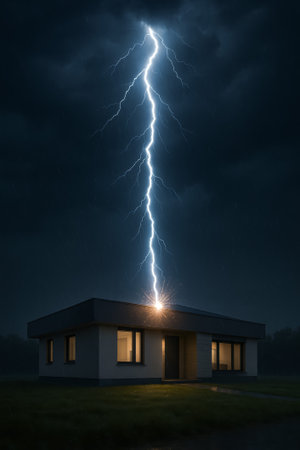 A powerful lightning bolt striking a modern house amidst pouring rain and dark cloudsの素材
