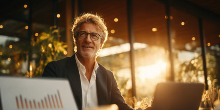 A smiling mature man enjoying his work in a well-lit modern office with sunset lightingの素材