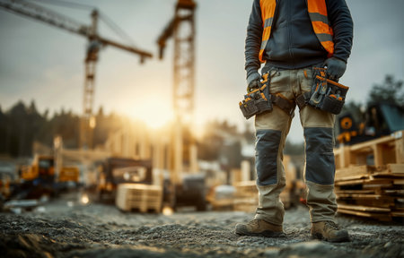 A construction worker in safety gear holding tools, ready for work at a construction siteの素材