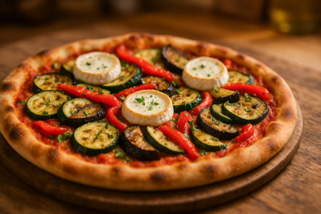 A delicious pizza topped with grilled zucchini, eggplant, red peppers, and cheese on a wooden boardの素材