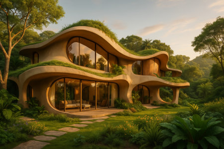 A modern house with organic architecture nestled in a vibrant, green environmentの素材
