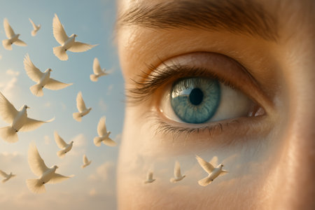 A close-up of a vibrant blue eye with doves soaring in the skyの素材
