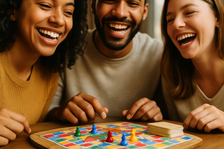 A group of friends laughing together while playing a colorful board game at homeの素材