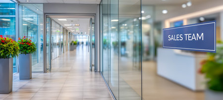 A spacious modern office hallway featuring plants and a sales team sign on the glass wallの素材