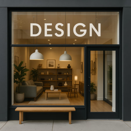 A modern design store displays a cozy interior with minimalist decor and warm lightingの素材
