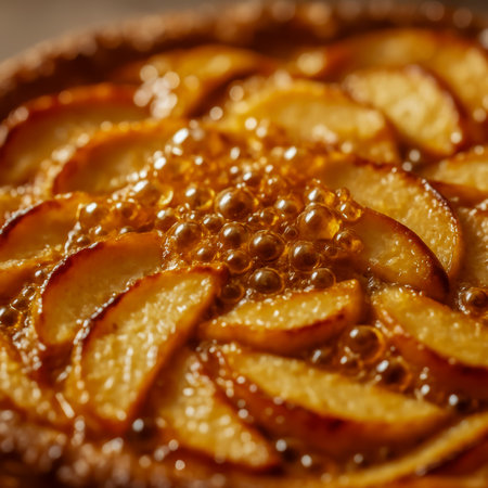 A close-up view of a delicious apple tart featuring caramelized apple slices and bubblesの素材
