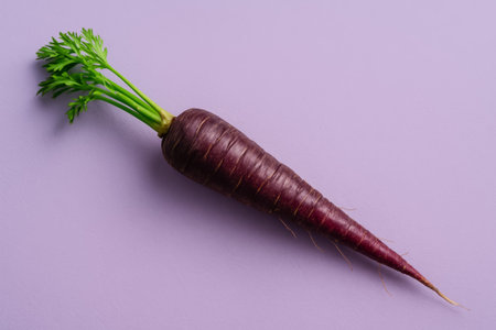 A vibrant purple carrot with lush green leaves displayed on a pastel purple backgroundの素材