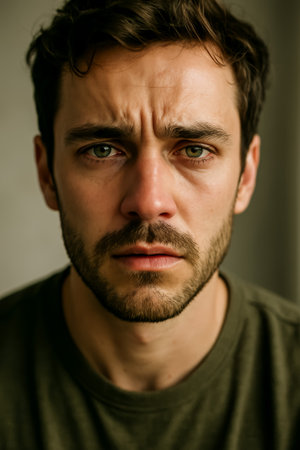 A close-up of a serious man displaying a concerned expression with deep green eyesの素材
