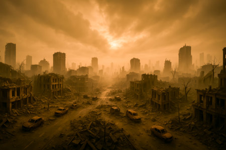 A desolate city scene with ruined buildings and abandoned cars under a dramatic skyの素材