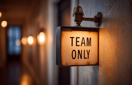 A vintage light sign displaying team only illuminated in a cozy corridor atmosphereの素材