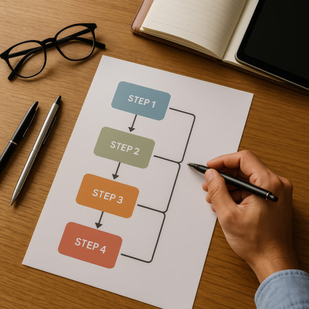 A hand holding a pen indicates a step-by-step flowchart on a deskの素材