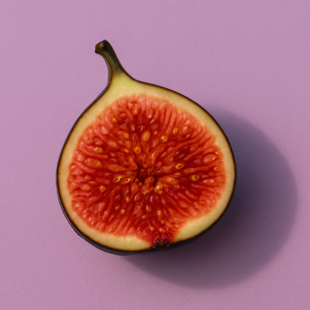 A fresh fig cut in half, showcasing its vibrant red interior against a purple backdropの素材