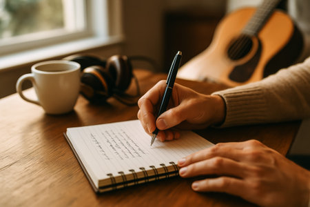A person writing in a notebook with a coffee cup and guitar nearby in a cozy environmentの素材