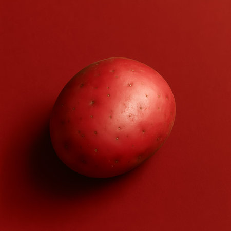 A close-up view of a red potato on a solid red backgroundの素材