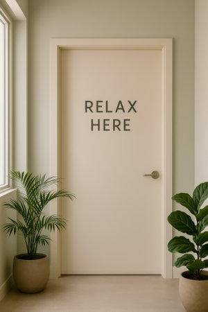 A serene doorway with a relax here sign, accompanied by indoor plantsの素材