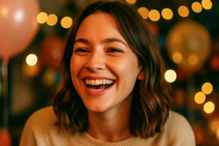 A young woman with a bright smile laughing in a festive environment with balloonsの素材