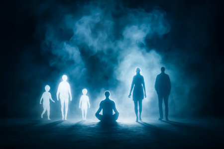 Silhouettes of various human forms amidst a misty blue atmosphere create an abstract sceneの素材