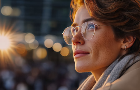 A young woman with glasses, looking thoughtfully at the sunset in a bustling cityの素材