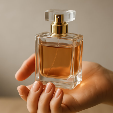 A clear perfume bottle with golden accents held gently in a woman's hand, showcasing eleganceの素材