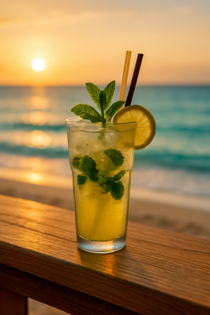 A refreshing cocktail garnished with mint and lemon at a beach during sunsetの素材
