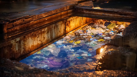 A view of polluted water reflecting plastic waste and debris, highlighting environmental concernsの素材