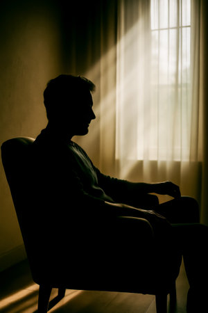 A contemplative man is captured in silhouette, sitting in a chair near a windowの素材