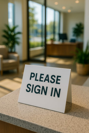 A sign instructing visitors to sign in at a contemporary office reception deskの素材