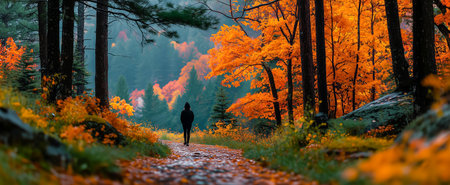A person walks along a path amidst stunning autumn leaves in a serene forest settingの素材