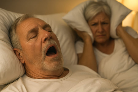 A man snores loudly while a woman looks frustrated and covers her ears in bedの素材