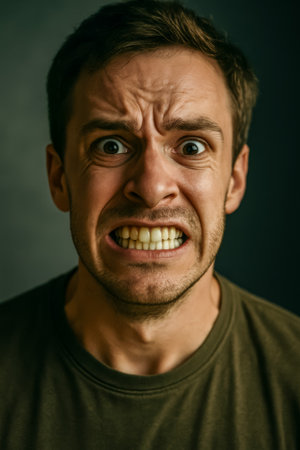 A young man displays fear and anxiety with an intense facial expression and clenched teethの素材